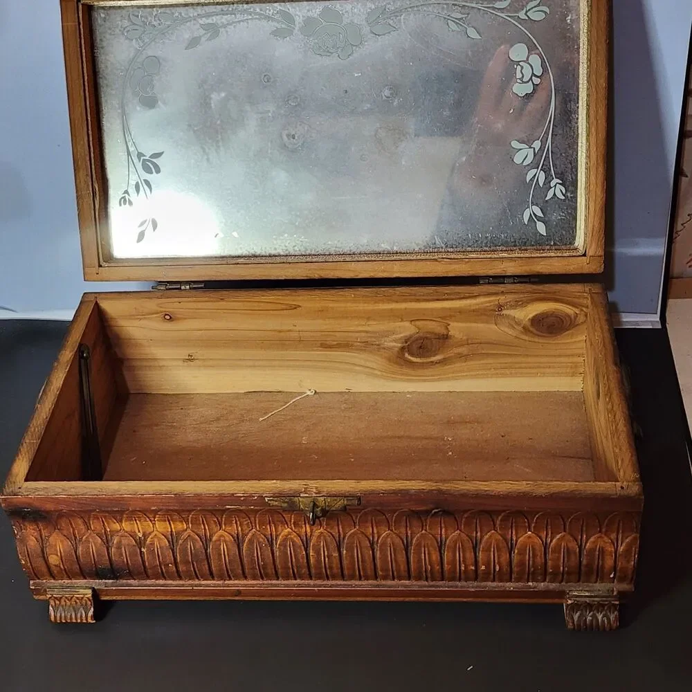 Vintage Carved Cedar Wood Jewelry Box Mirror Cottage Scene Footed Keepsake
